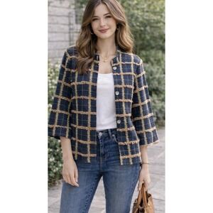 Women's Blazer Medium Jacket black Check Texture Office Professional Buttons